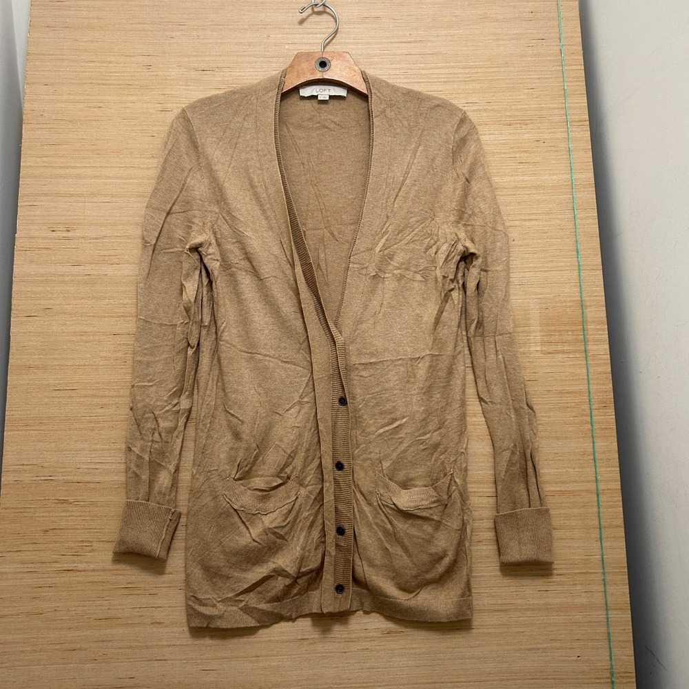 LOFT Womens Small‎ Tan V-Neck Button Front Long Sleeve Knit Cardigan Sweater